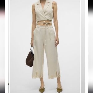 VERO MODA | Women's Birch Linen Blend Soffie Embroidered Culotte Cropped Pants